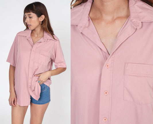 70s Dusty Pink Button-Up Shirt Dagger Collar Short Sleeve Men's Large