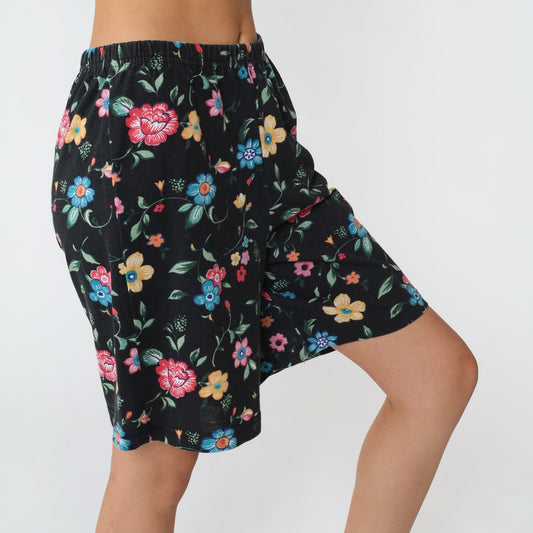 90s Black Floral High-Waisted Bermuda Shorts Elastic Waist Small Medium