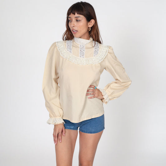 70s Beige Puff Sleeve Blouse Lace Bib Mock Neck Poet Shirt Medium