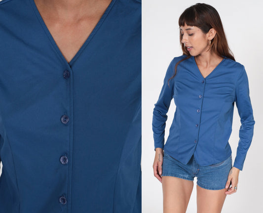 90s Blue Button-Up Shirt Long Sleeve V-Neck Blouse Small Medium