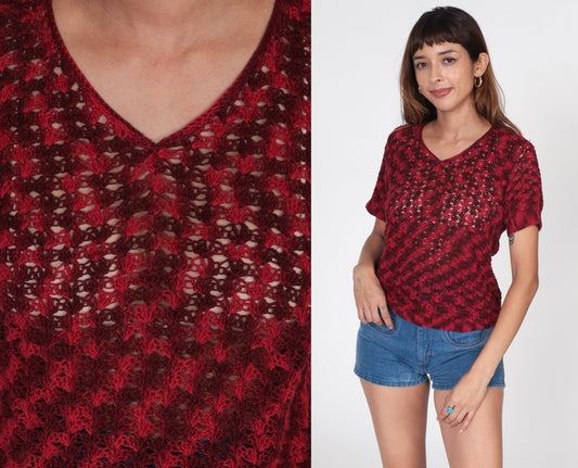 80s Red Crochet V-Neck Blouse Short Sleeve Sheer Knit Top Small S