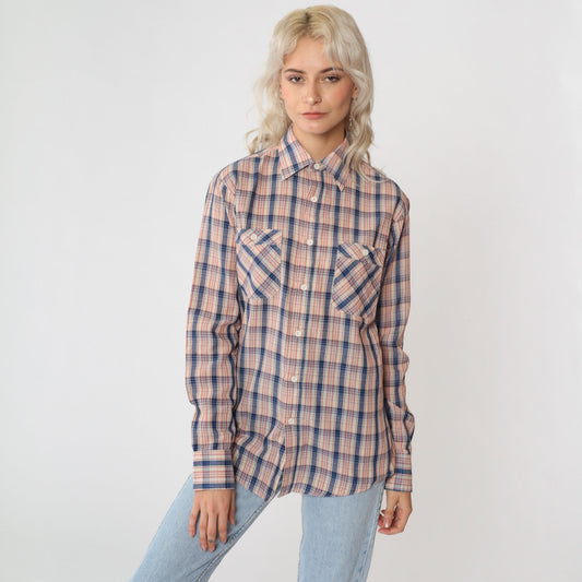 80s Saturdays in California Plaid Button-Up Shirt Blue Red Cream Small