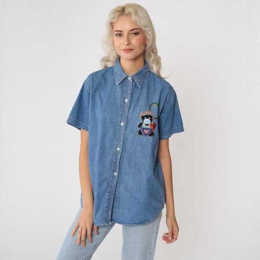 90s Cactus Clothing Denim Button Down Teddy Bear Heart Embroidered Shirt Medium