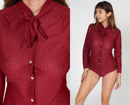 70s Red Sheer Bodysuit Blouse Tie Neck Long Sleeve Honeycomb Medium M