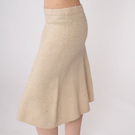 80s Beige Metallic Knit Pencil Skirt Silver Threads Elastic Waist Small Medium