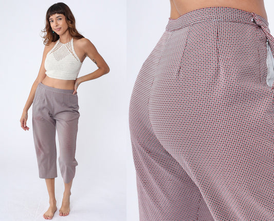 70s Houndstooth Capri Pants High Waist Red Brown White Checkered Medium