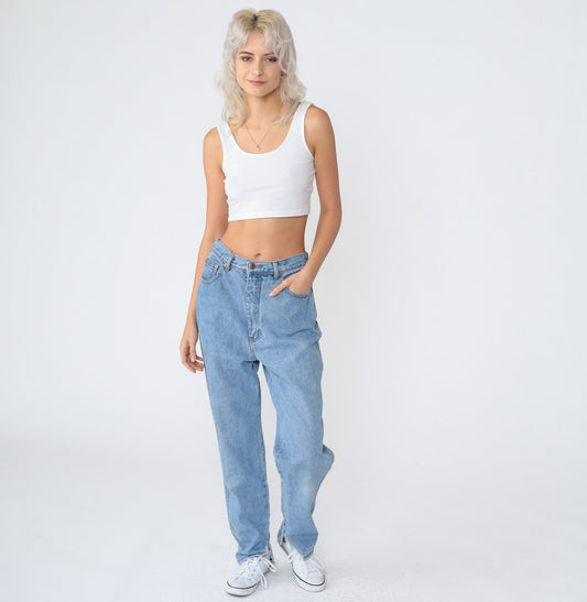 90s High Waisted Tapered Jeans Blue Denim Ankle Slit Medium M