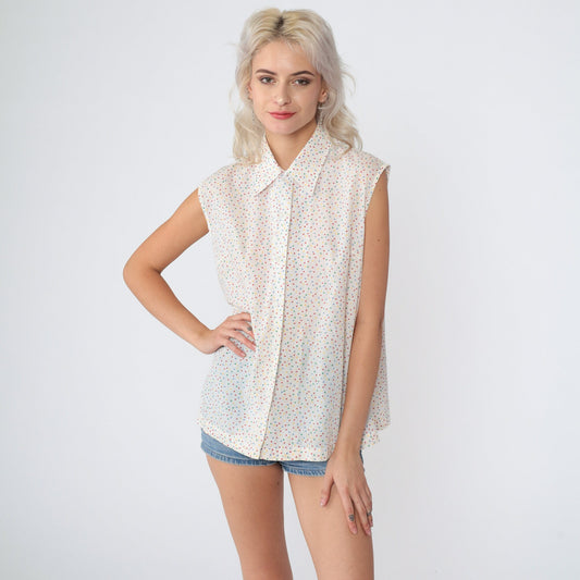 80s Polka Dot Sleeveless Blouse White Multicolor Button-Up Collared Tank Large L