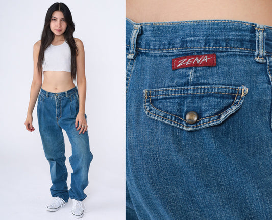 90s Zena High Rise Pleated Straight Leg Jeans Blue Denim Small 28
