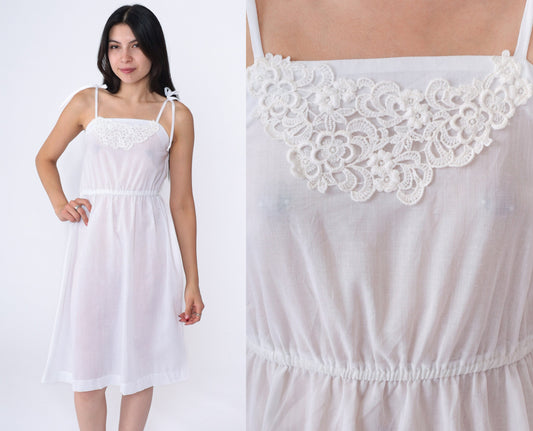 70s White Lace Spaghetti Strap Sun Dress High Waist Mini Extra Small
