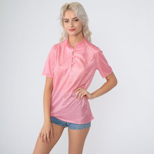 70s Pink Checkered Mandarin Collar Blouse Shiny Half-Button Short Sleeve Small
