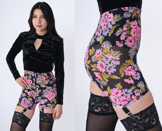 60s Hayes Panty Girdle Floral Black Hot Pink Shapewear Extra Small