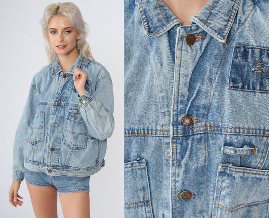 90s Denim Cargo Jacket Blue Jean Helicopter Embroidered Utility Pockets Small