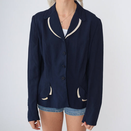1940s Navy Wool Gabardine Blazer Cream Trim Button-Up Jacket Medium M