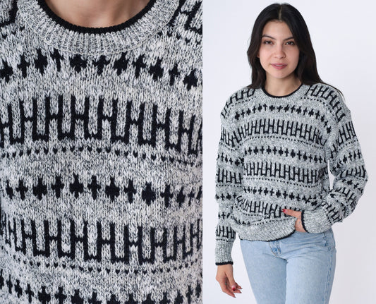 90s Geometric Striped Crewneck Sweater Grey Black Knit Pullover Small