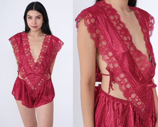 80s Raspberry Red Lace Teddy Lingerie Deep V Neck Bodysuit Extra Large XL