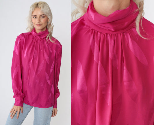 80s Pink Silk Blouse Mock Neck Balloon Sleeve Embossed Leaf Print Small S