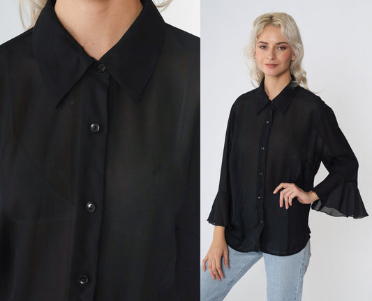90s Black Sheer Button-Up Blouse Flounce Angel Bell Sleeve Large