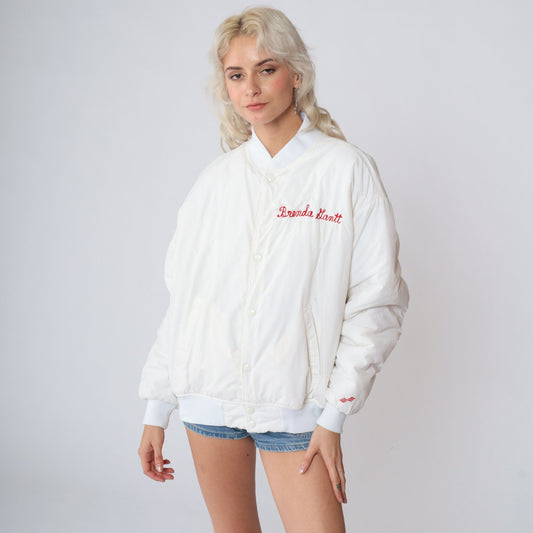 90s ASCA Stock Car Racing Bomber Jacket White Snap Windbreaker Medium