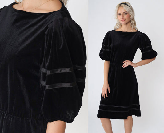 80s Black Velvet Midi Dress Puff Sleeve High Waist Ribbon Trim Small