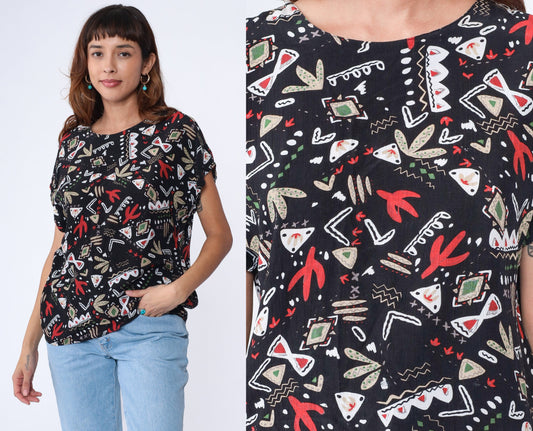 90s Black Saguaro Cactus All Over Print Shirt Southwest Geometric Large
