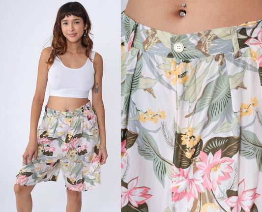 90s GAP Floral High-Waisted Shorts Tropical Print White Rayon Medium