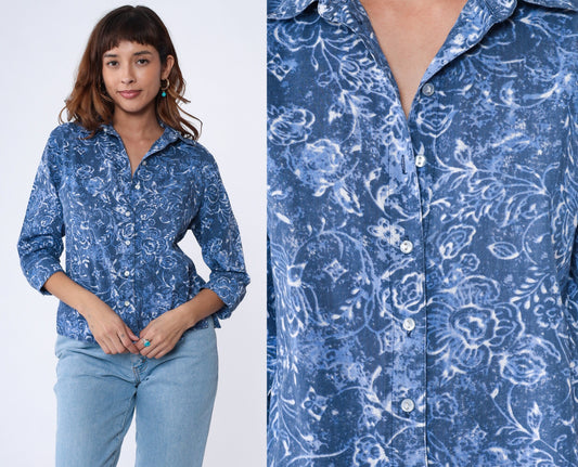 90s Blue Floral Batik Button-Up Blouse 3/4 Sleeve Shirt Medium