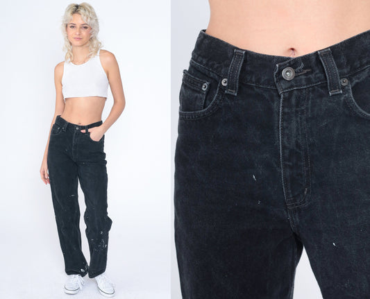 90s Black Denim Jeans Paint Splatter Mid Rise Straight Leg Small S