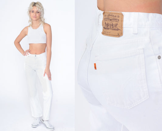 80s Levi's 917 White Denim Bootcut Jeans Orange Tab USA Made Small