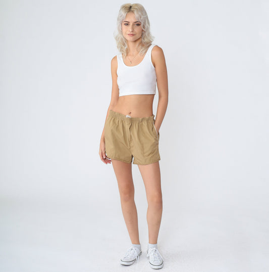 80s Tan Running Shorts White Ringer Trim Mid Rise Cotton Medium