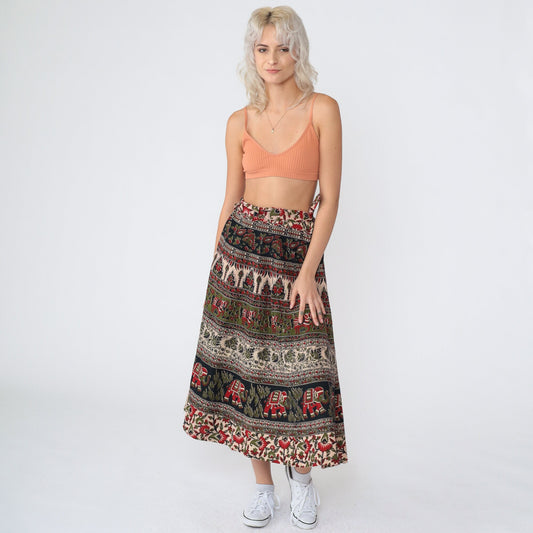 90s Indian Batik Wrap Midi Skirt Floral Elephant Horse Print