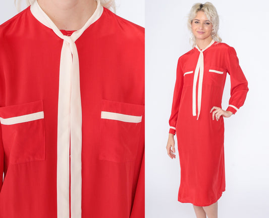 80s Saint Pierre Red Silk Midi Dress Necktie Long Sleeve White Trim Small