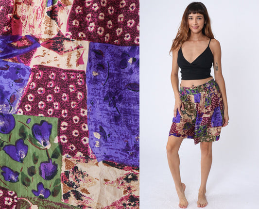 90s Silk Patchwork Floral Pleated Shorts High Waist Wide Leg Small