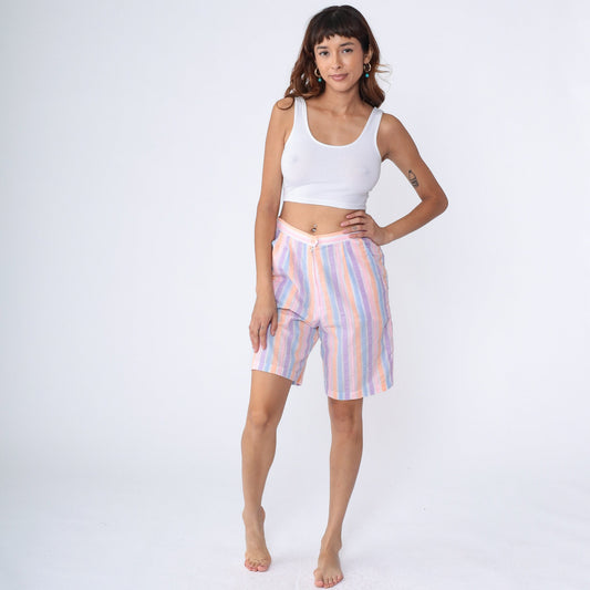 80s Seersucker Shorts High Waist Striped Pink Purple Orange Medium
