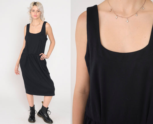 90s Black Midi Tank Dress High Waist Sleeveless Scoop Neck Large