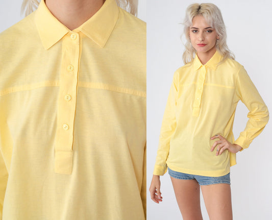 80s Yellow Cotton Blend Button-Up Blouse Collared Long Sleeve Medium