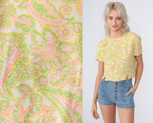 1960s Floral Paisley Crop Top Short Sleeve Blouse Yellow Green Pink Small S