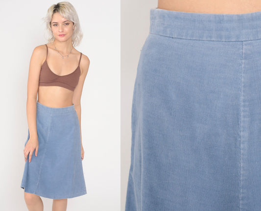 80s Blue Corduroy Midi Skirt High Waist A-Line Small