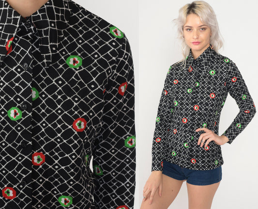 70s Checkered Floral Button-Up Blouse Black Dagger Collar Long Sleeve Small