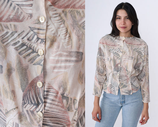 90s Melrose Leaf Print Blouse Beige Button Up 3/4 Sleeve Medium