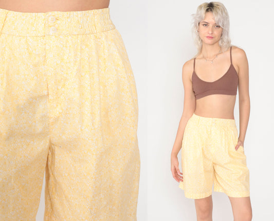 90s Liz Claiborne Floral Shorts Yellow High Waisted Wide Leg Cotton Small