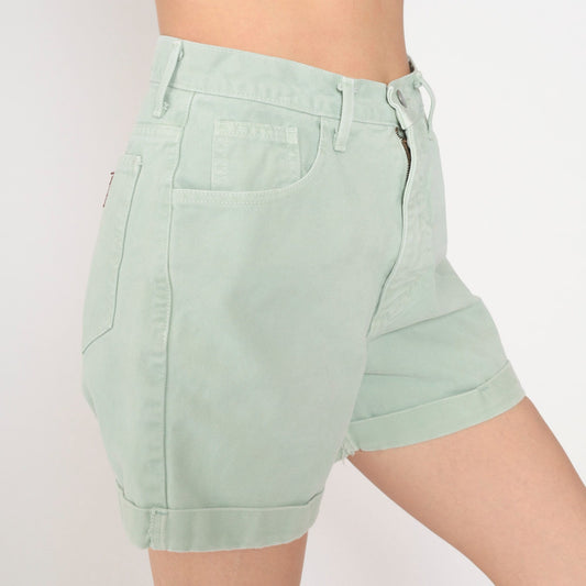 90s Guess Light Green Denim Shorts High Waist Cuffed Small