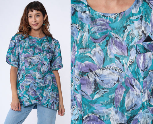 80s Abstract Floral Shirt Turquoise Purple Pocket Blouse Princess Seam Large L