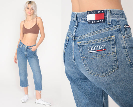 90s Tommy Hilfiger Cropped Cutoff Straight Leg Jeans Blue Denim Small