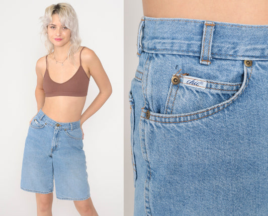 90s Blue Denim Bermuda Shorts High Rise Stone Wash Extra Small XS