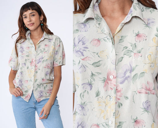 90s Selene Sport Silk Floral Button-Up Blouse Beige Short Sleeve Medium