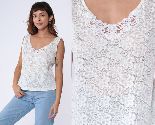 80s White Lace Camisole Sheer Floral Tank Top Large L