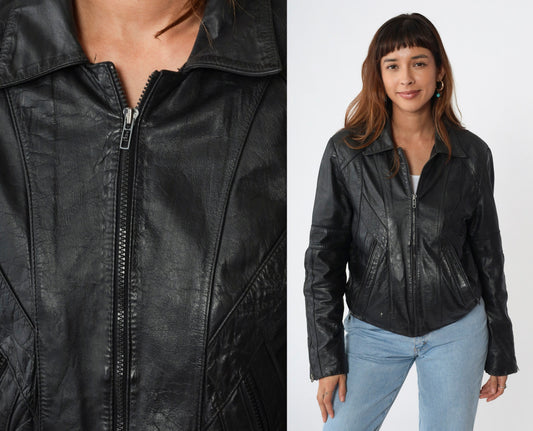 80s Wilsons Leather Black Moto Jacket Zip Motorcycle Biker Small