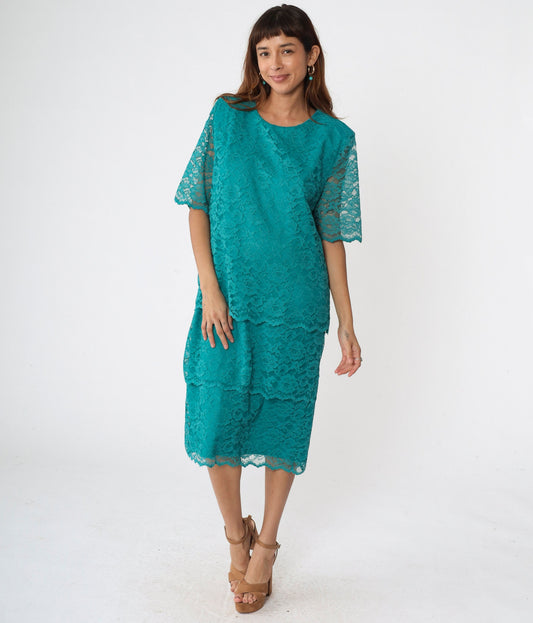 90s Teal Lace Midi Dress Short Sleeve Shift Sheath Green Vintage Medium
