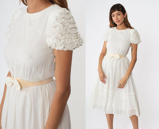 80s White Leaf Print Midi Dress Puff Sleeve High Waist Belt Extra Small